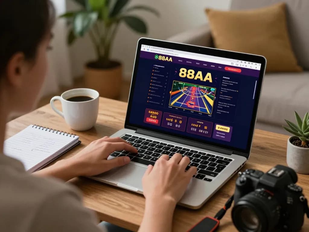 Engaged player exploring 88aa trang chủ on a laptop with betting notes nearby.