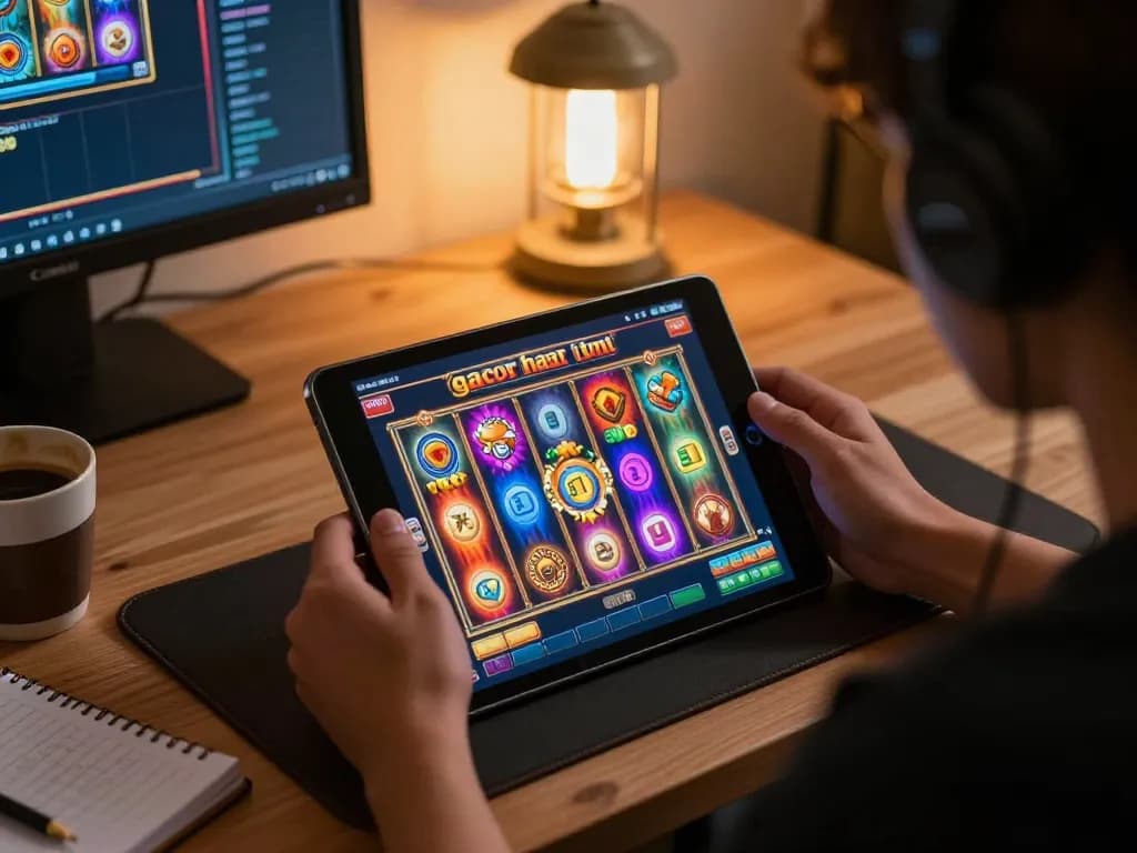Engaging in slot gacor hari ini on a tablet at home, showcasing the excitement of online gaming.