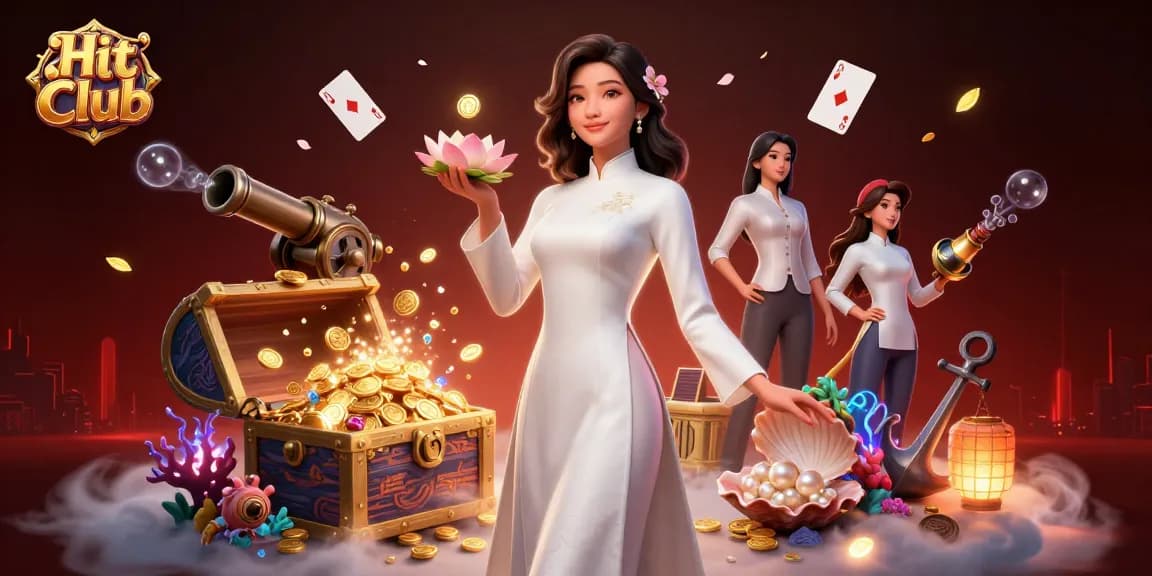 Hit Club showcases an elegant Asian woman in a casino environment surrounded by dynamic gaming elements.