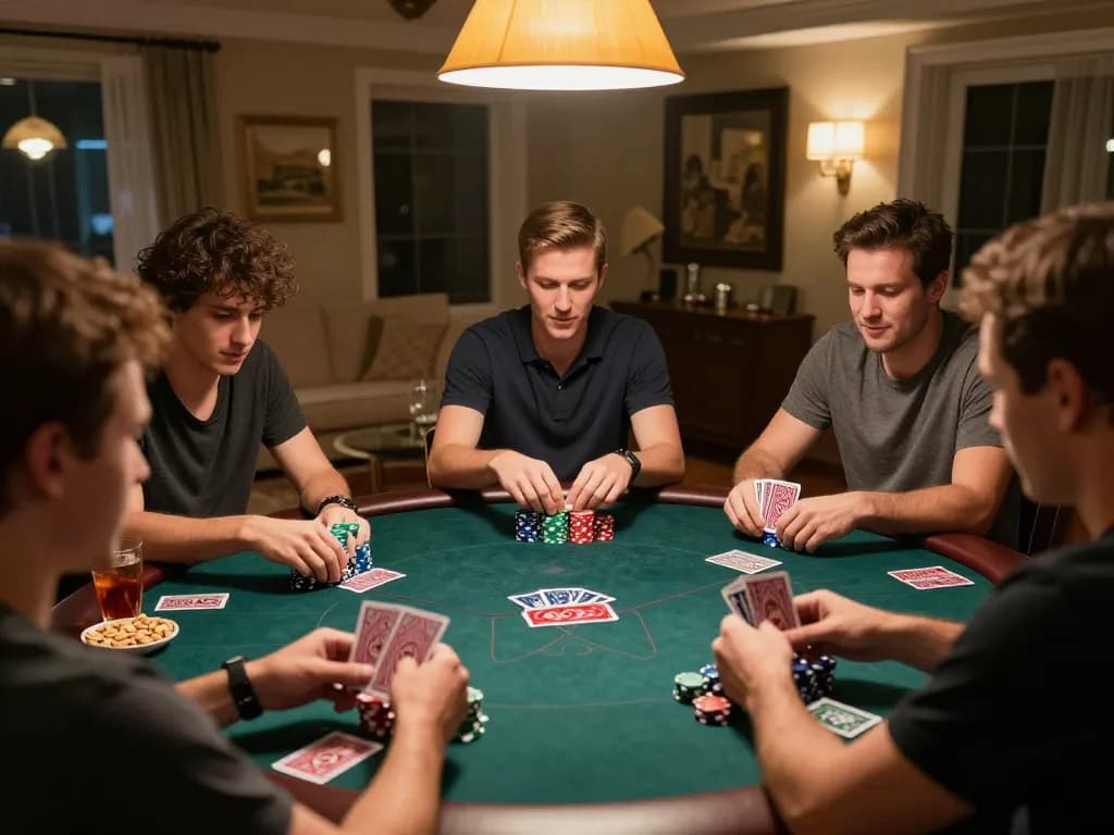 u888 players in an exciting home poker game, showcasing strategic gameplay and friendly competition.