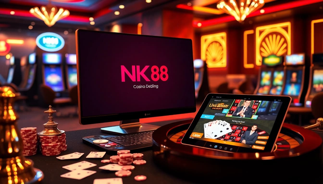Experience high-stakes excitement at NK88, showcasing a vibrant casino scene with roulette and poker elements.