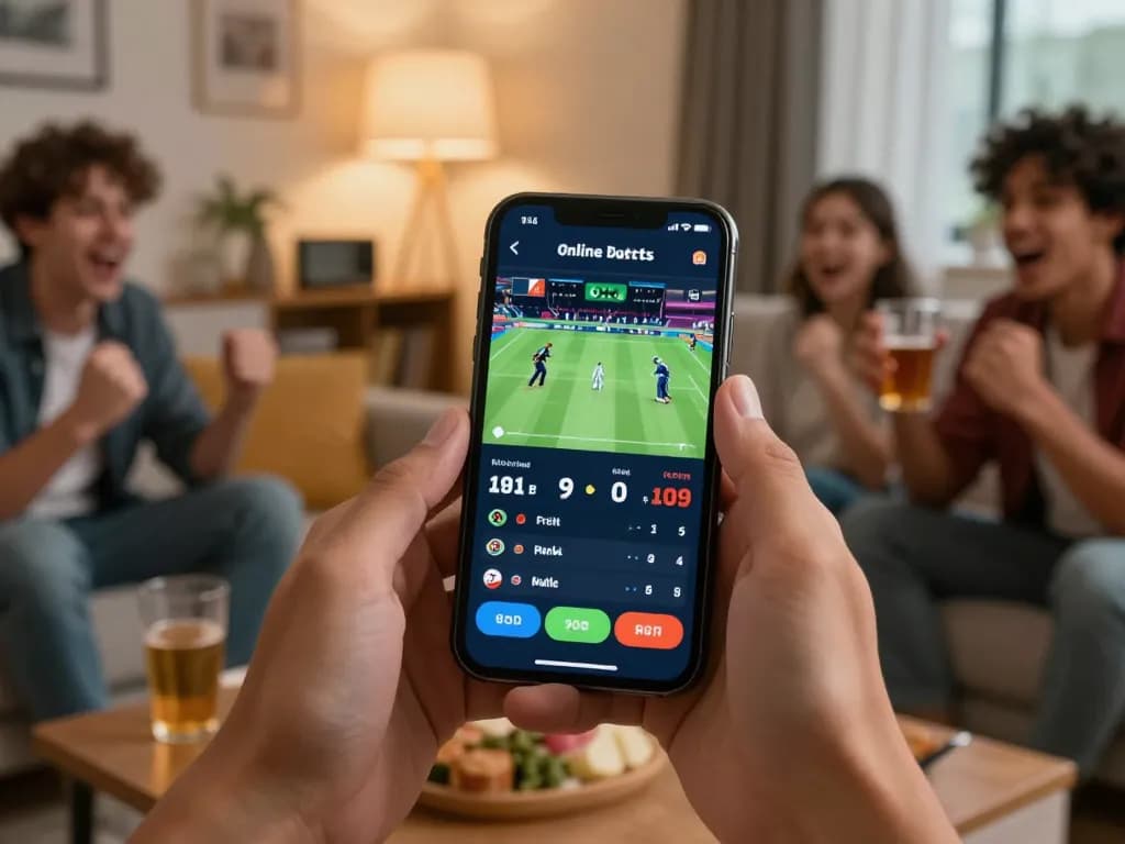 BK33 mobile gaming experience showing live cricket betting on smartphone in a cozy home setting