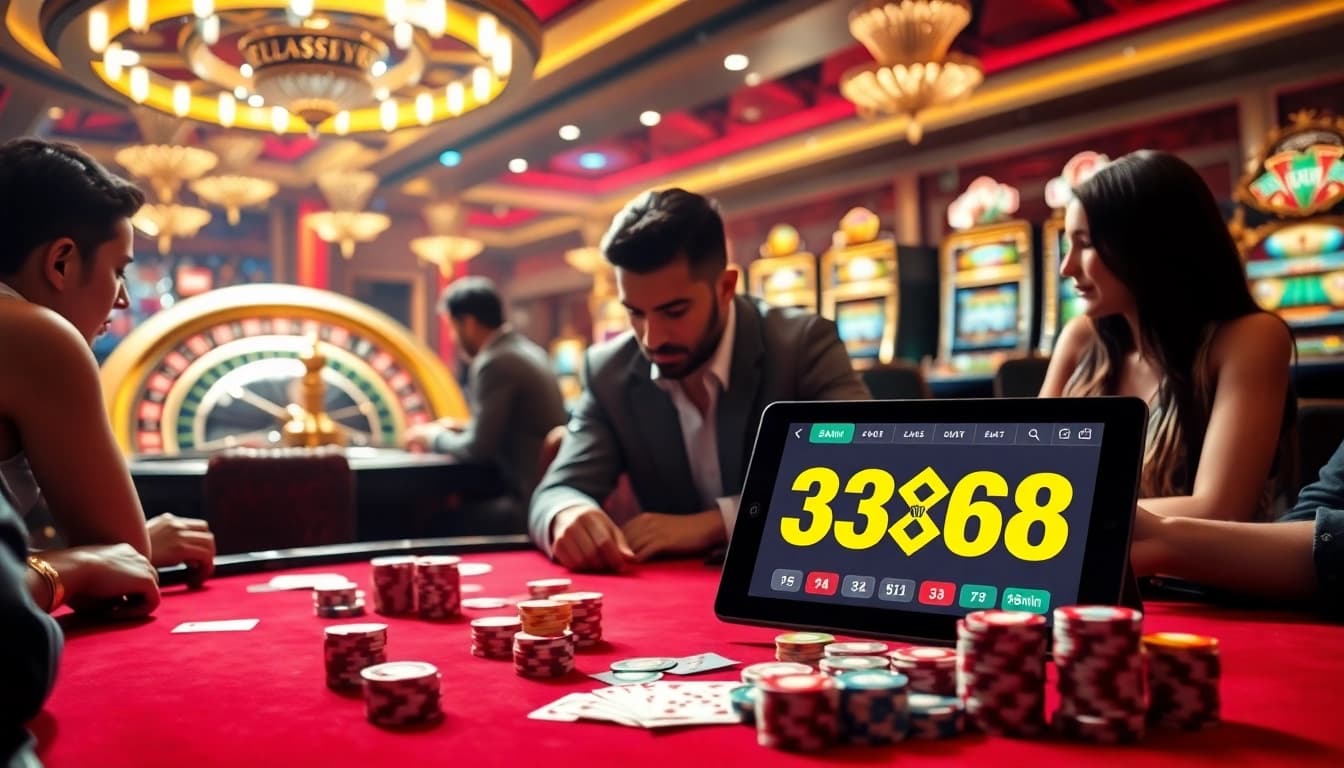 Pemain judi yang bersemangat menikmati permainan yang intens di kasino 33win68, dengan chip poker dan roda roulette menambah suasana.