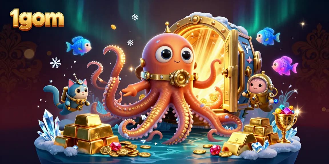 Experience thrilling wins at 1gom with vibrant treasure-filled ocean illustration featuring a kraken and diving cat.