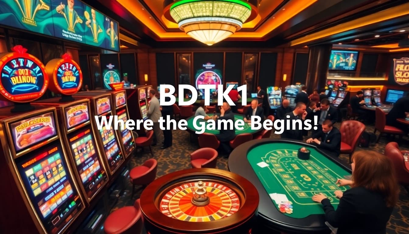 Engaging scene of gamblers enjoying BDTK1 casino games with vibrant slot machines and roulette.
