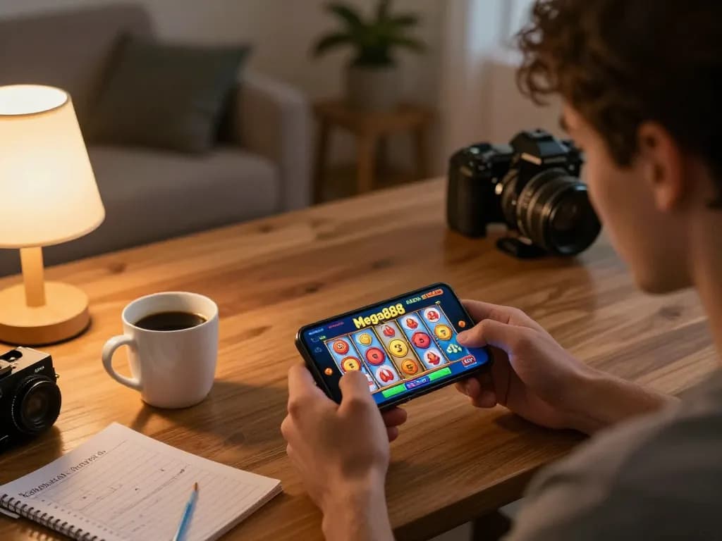 Mega888 app gameplay on a smartphone in a cozy home setting, showcasing engaged user and warm lighting.