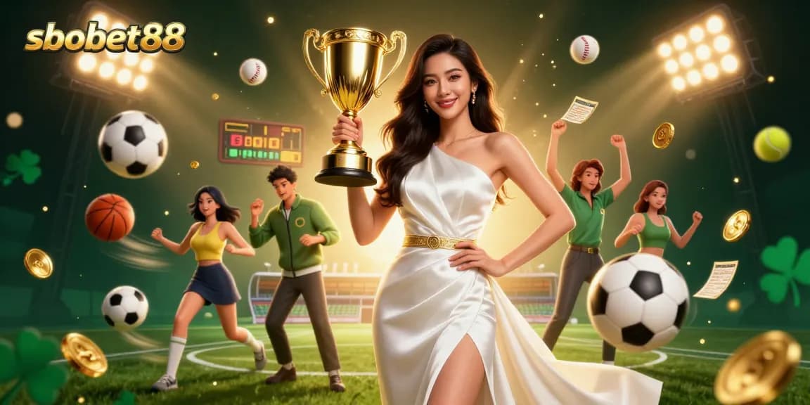 Experience the thrill of sbobet88 with a victorious woman holding a trophy amidst vibrant sports betting elements.