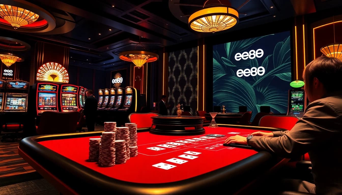 A dynamic poker table scene featuring players engaged in high-stakes action at ee88 casino.