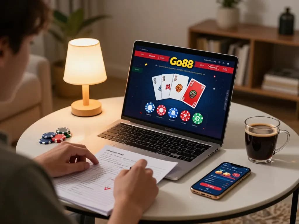 Engaging in online casino gaming with Go88 platform from a cozy home setting.