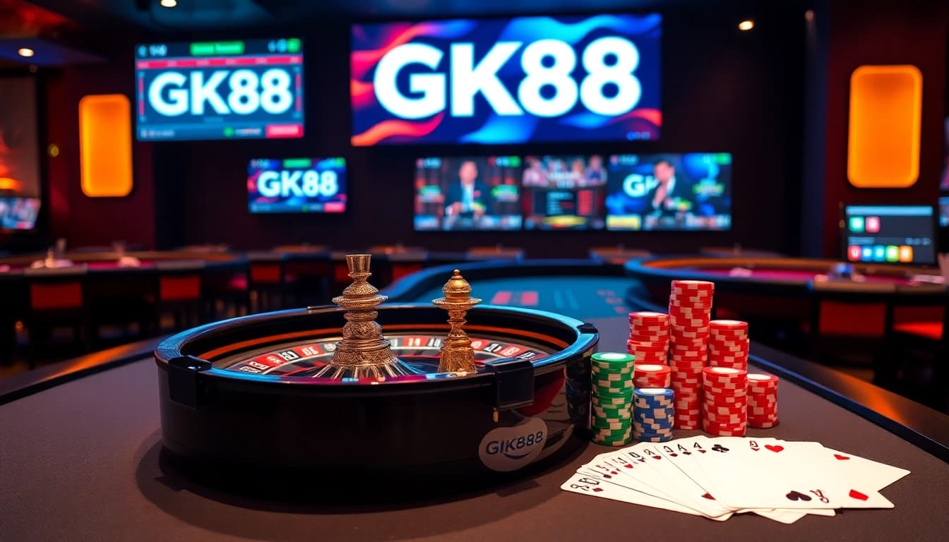 Experience thrilling gaming with GK88 at a luxurious online casino table featuring cards, chips, and a roulette wheel.