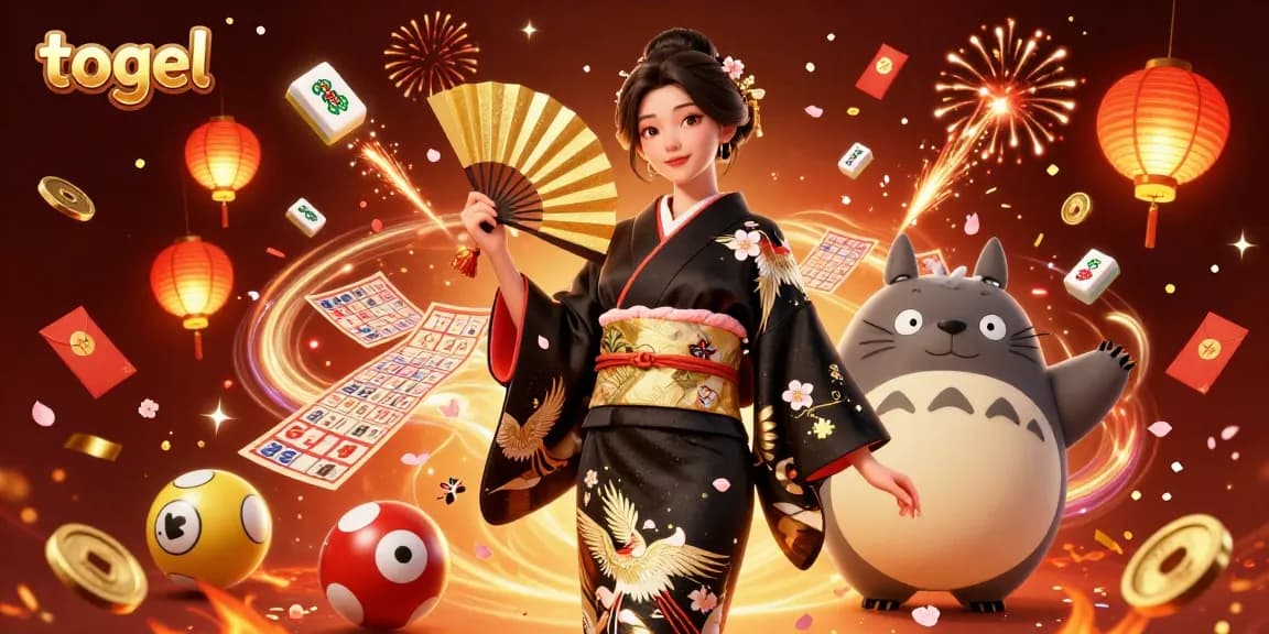 Engaging togel scene with Asian woman and tanuki amidst festive lottery elements.