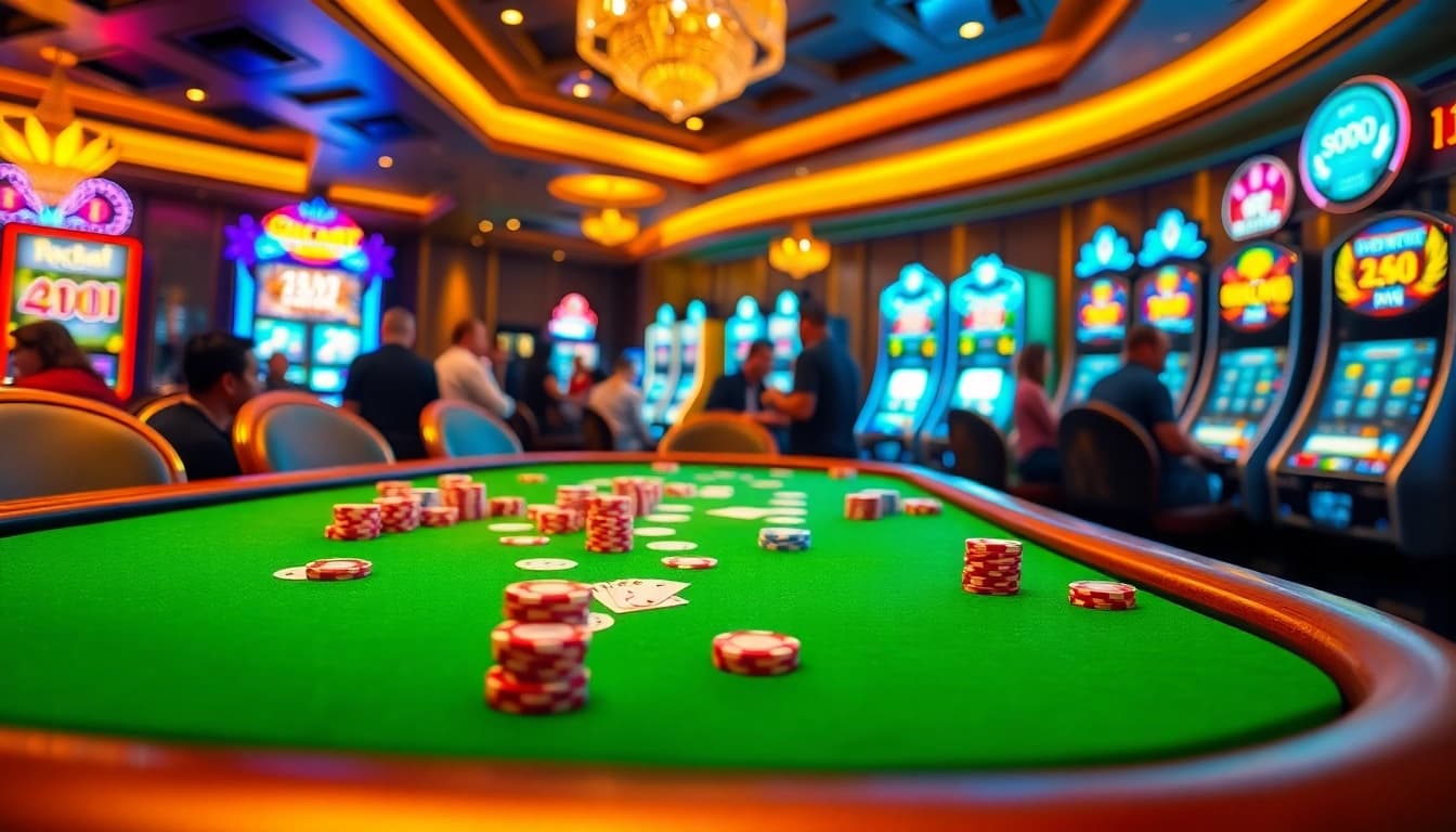 SODO casino scene showing engaging gameplay on poker tables and vibrant slot machines.