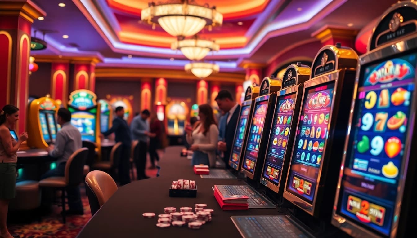 Engaged gamblers celebrating near thrilling slot machines in a luxurious casino setting.