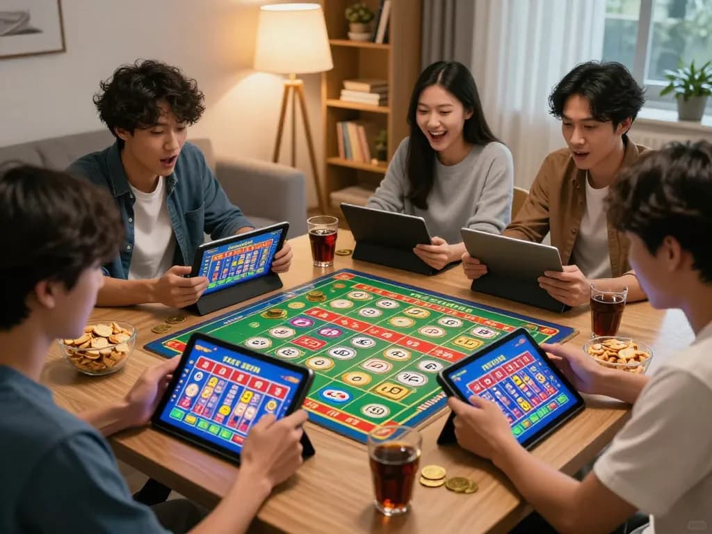 KDTOTO players enjoying exciting online Toto slots in a cozy home environment.