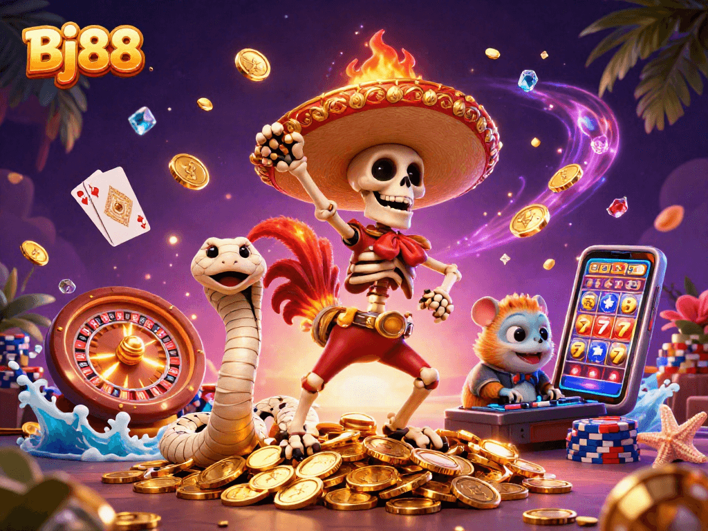 Bj88 showcases vibrant casino characters celebrating with coins and cards in a festive atmosphere.