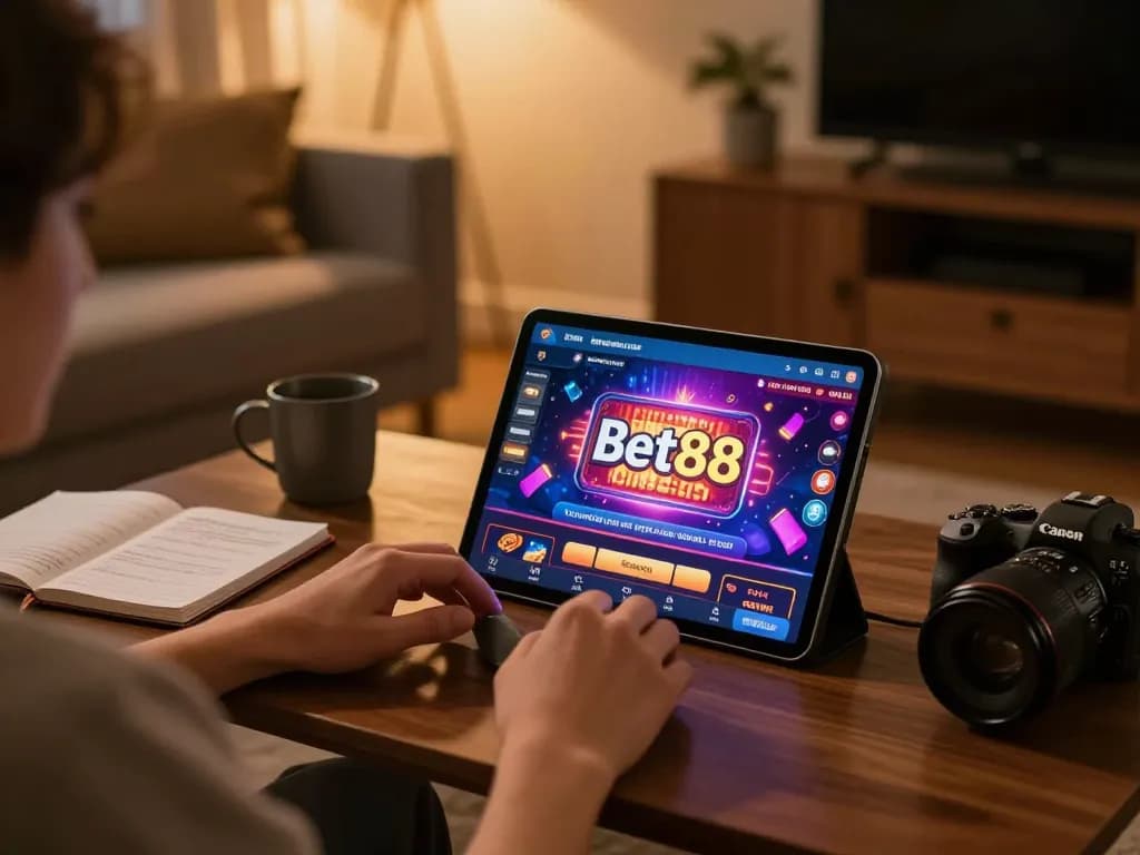 Engaged player using Bet88 app on tablet, surrounded by gaming strategies in cozy home.