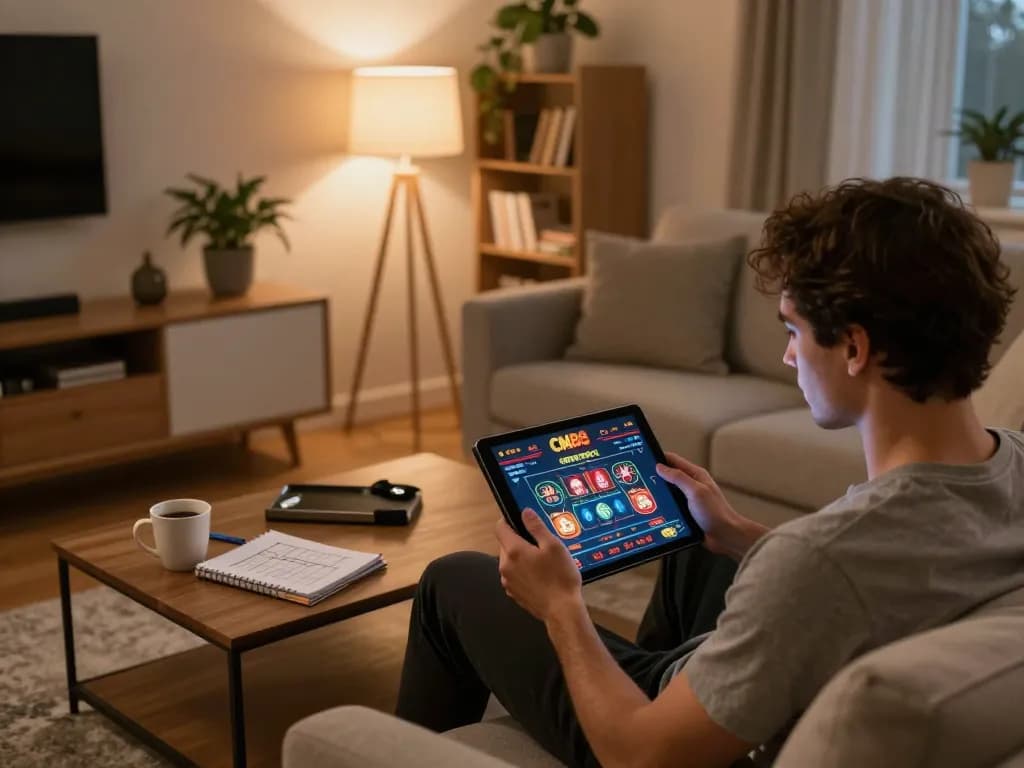 Player enjoying online gaming at home with CM88 casino interface displayed on tablet