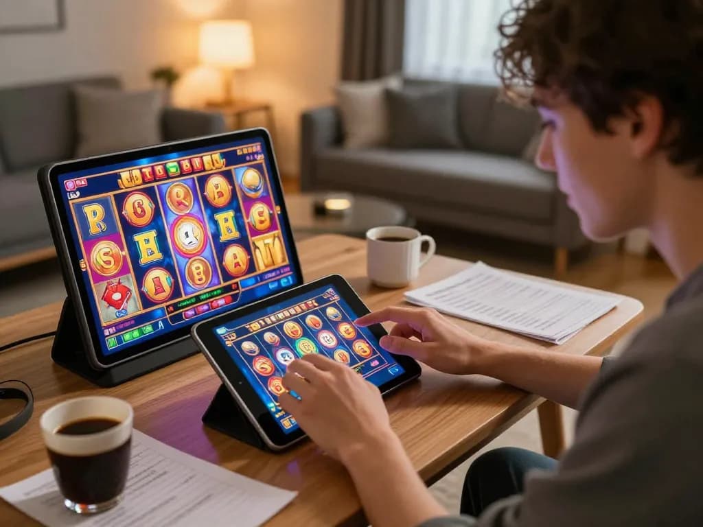 Pemain berinteraksi dengan slot online hargatoto di tablet dalam suasana modern yang nyaman