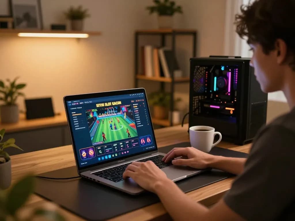 Engaging in situs slot gacor gameplay on a laptop at home with warm lighting ambiance