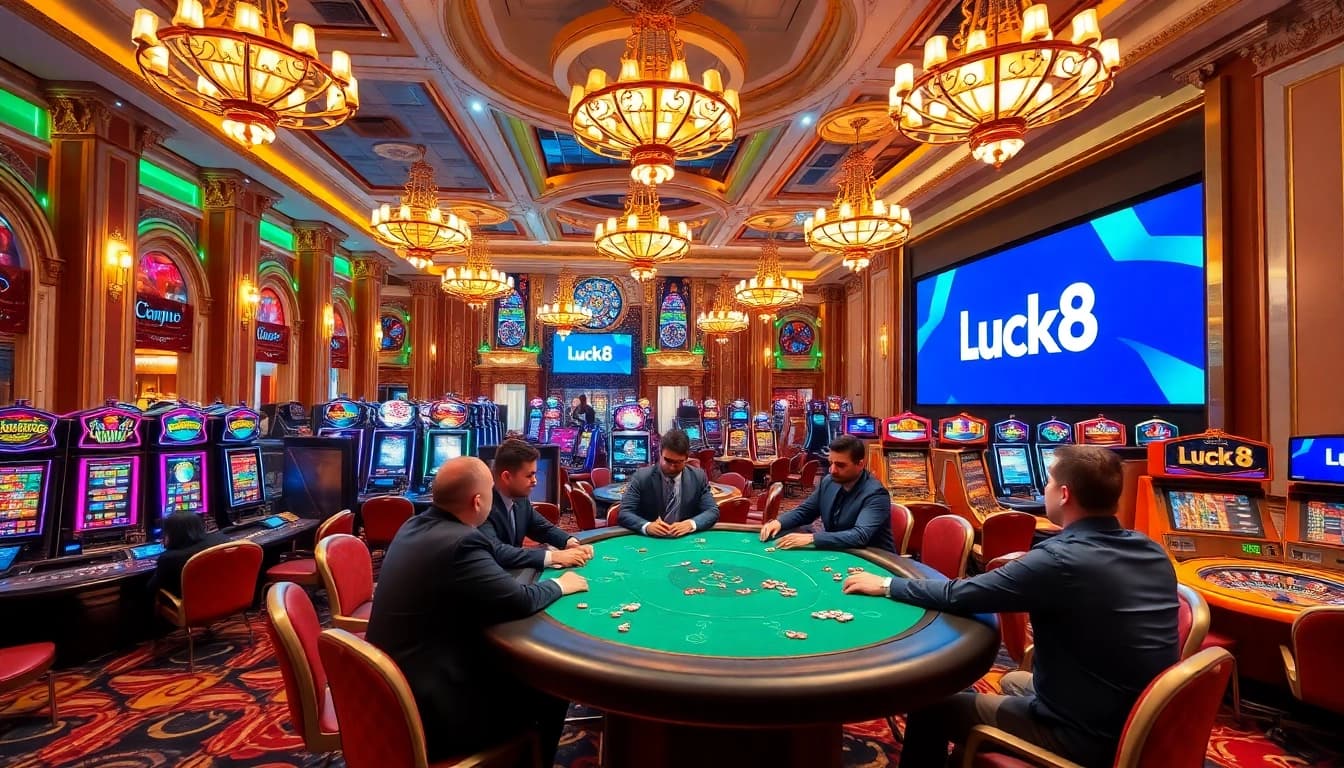 Experience the thrill of Luck8 at a professional poker table in a luxurious casino.