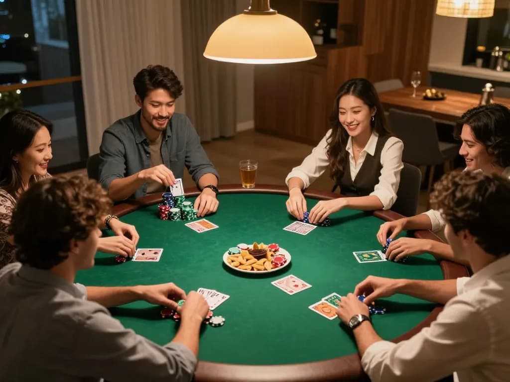 Engaging poker game setup at home, showcasing friends enjoying o8 com gaming experience with strategy and camaraderie.