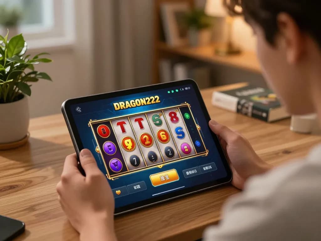 Engaged player enjoying DRAGON222 online slot gameplay on a cozy tablet setup at home.