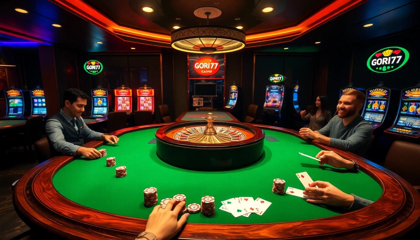 Playing at a luxurious casino with gori77-themed poker chips and cards on a green felt table.