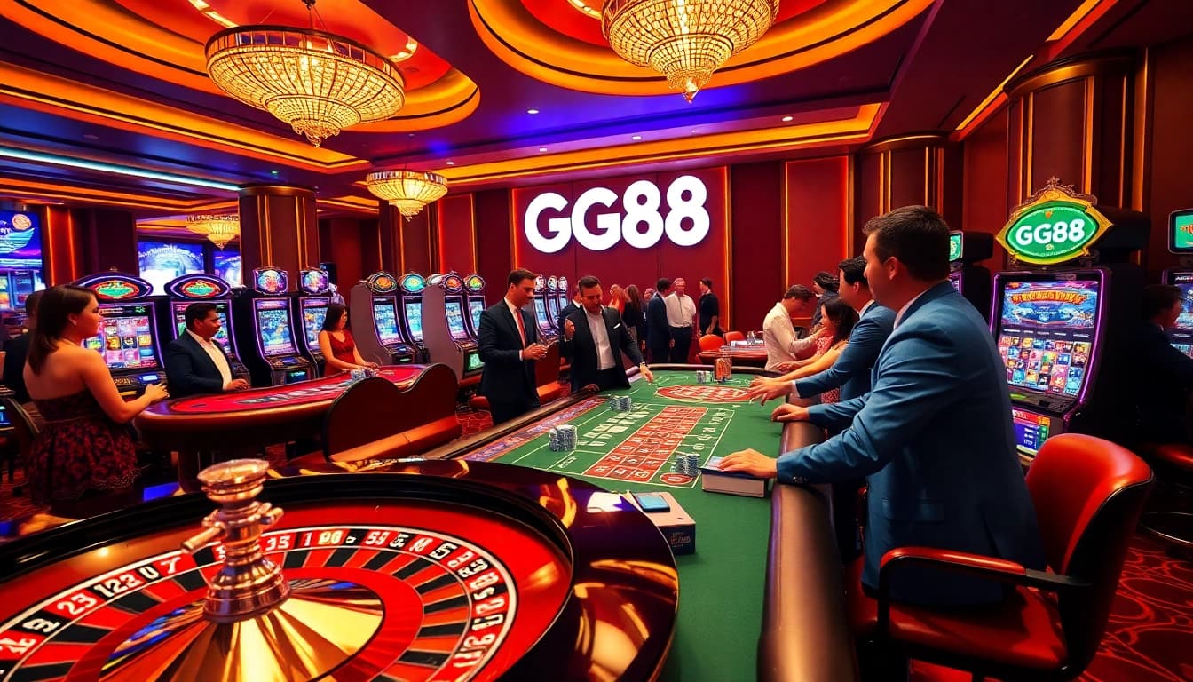 Exciting gaming action at GG88 casino with poker chips and a roulette wheel.