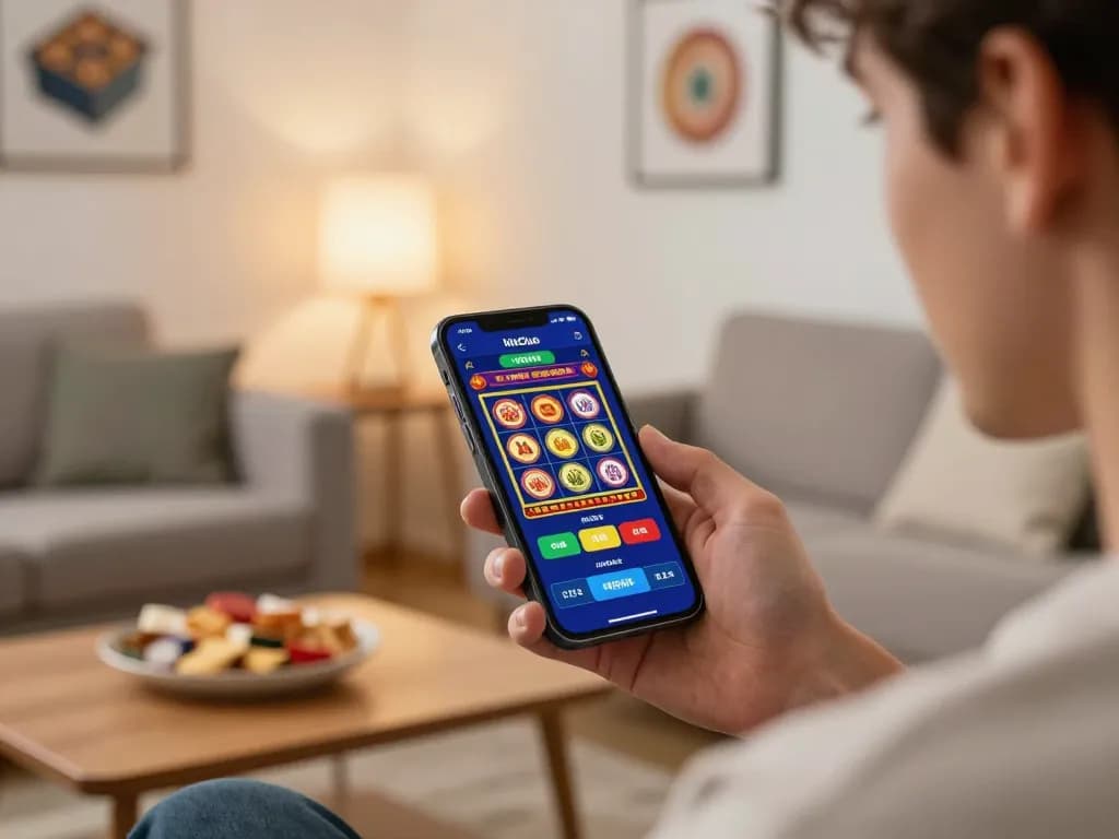 A player enjoying the HitClub casino app on a smartphone, showcasing vibrant gaming options in a cozy setting.
