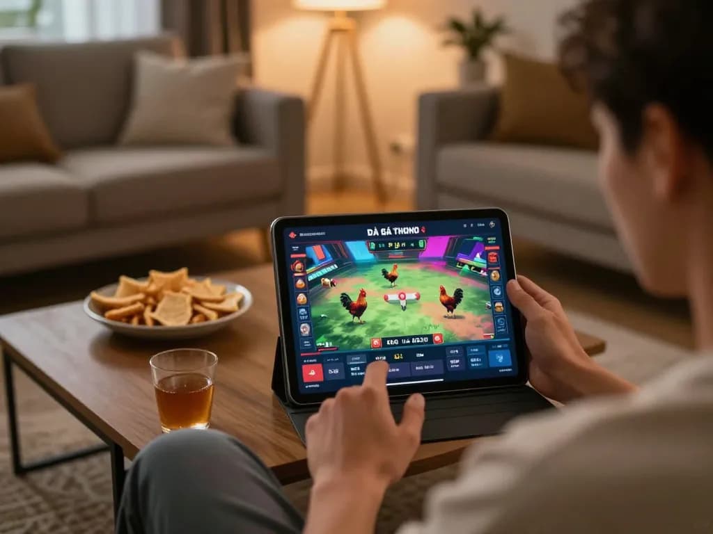 Engaging with Đá gà thomo on a tablet while excitedly enjoying live chicken fighting streams at home.