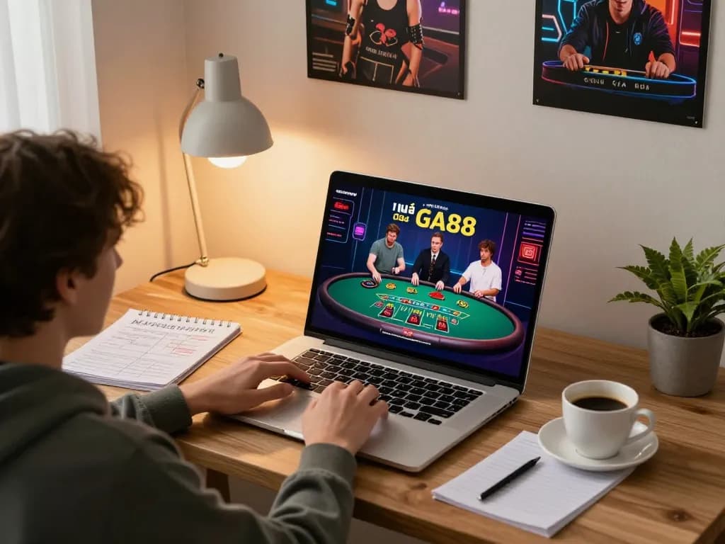 Engaging gaming experience at Nhà cái GA88 with a player using their laptop in a cozy home setting.