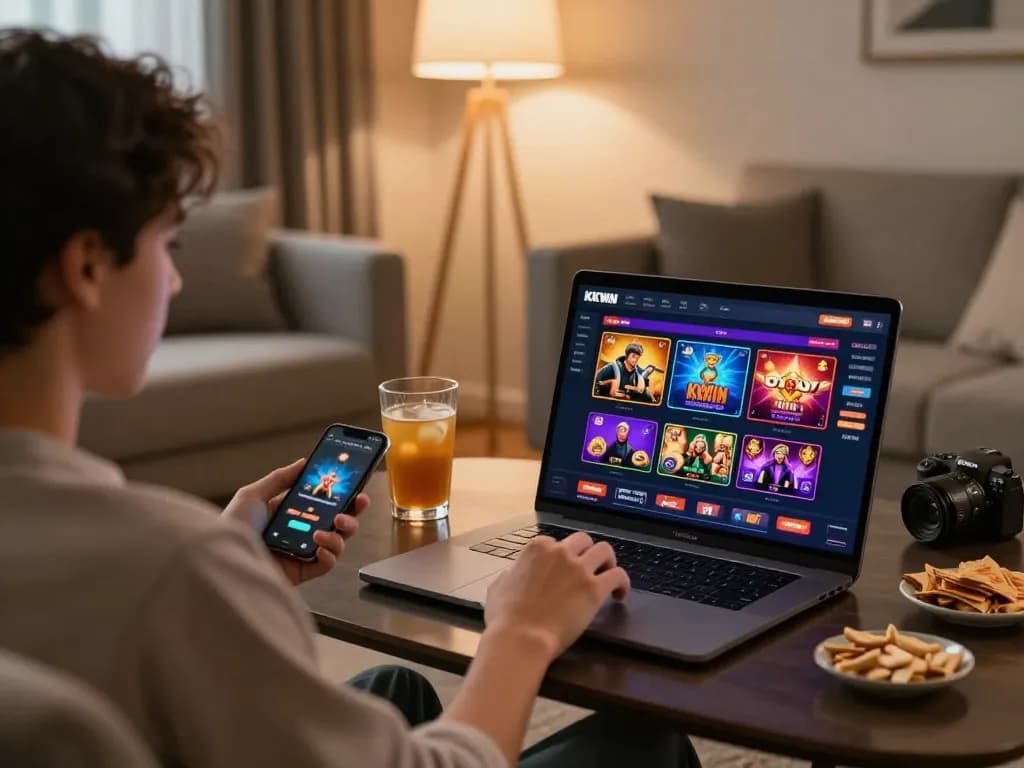 Engaging with the KKWIN app on a smartphone, showcasing vibrant gaming options in a cozy setting.