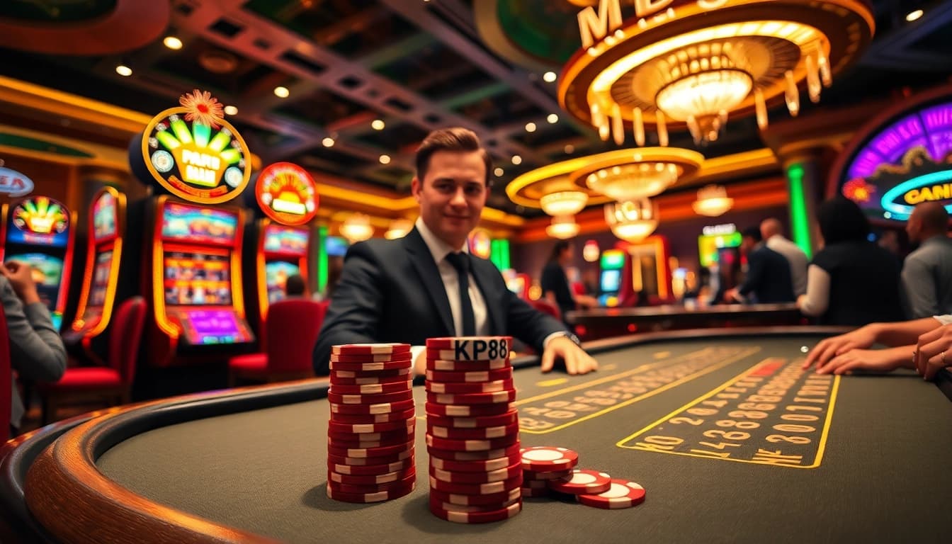 Experience the excitement of KP88 with professional dealers and high-stakes poker action in a luxurious casino setting.