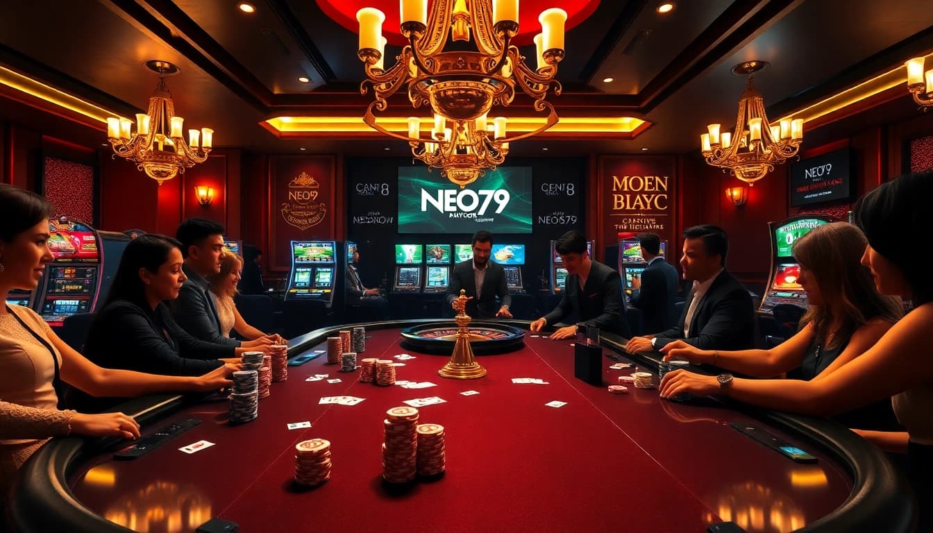 Players enjoying a thrilling poker game at NEO79 with vibrant tables and rich casino atmosphere.