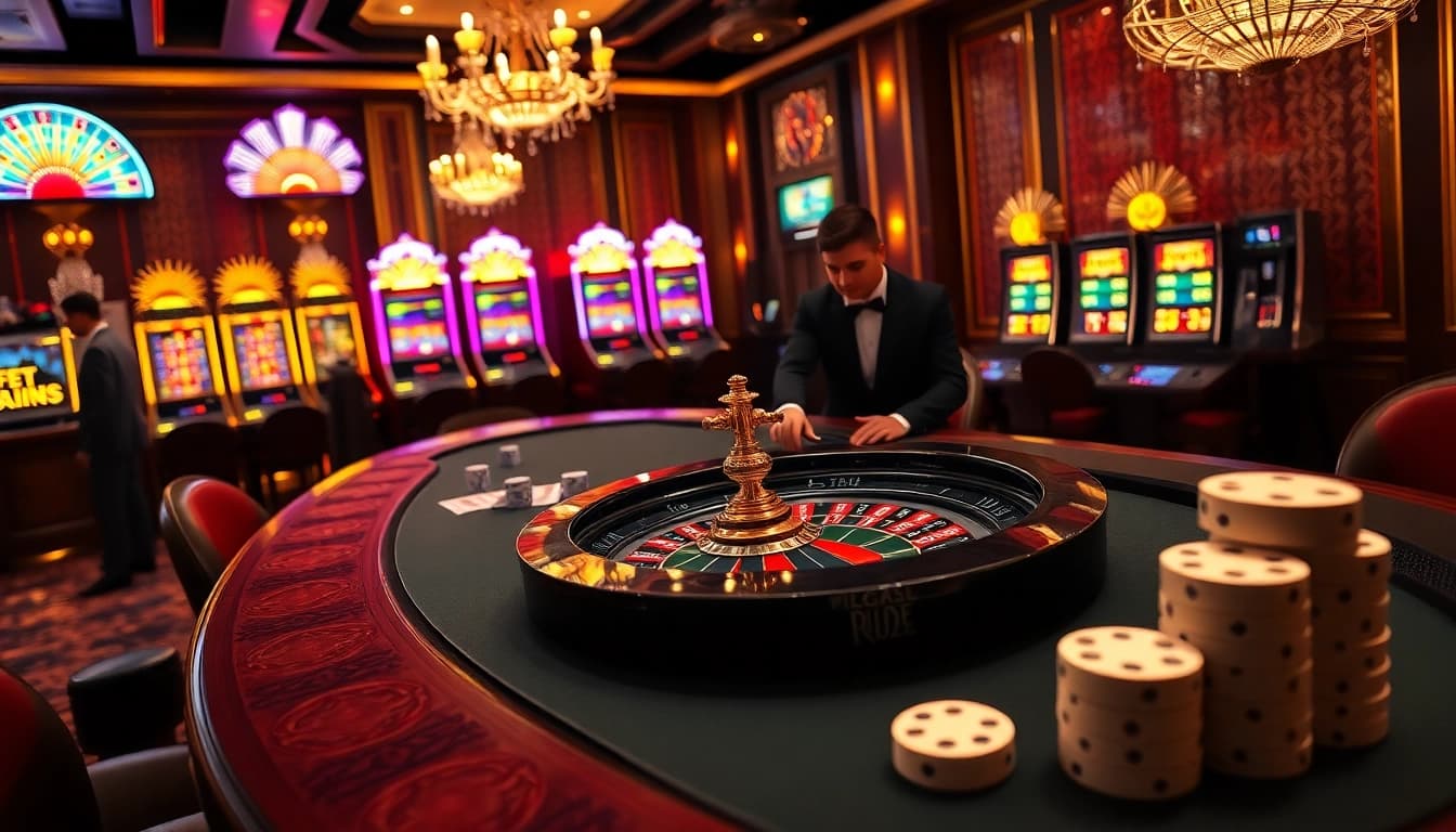 Experience thrilling gameplay at Goal123 with vibrant roulette and slot machines all around.