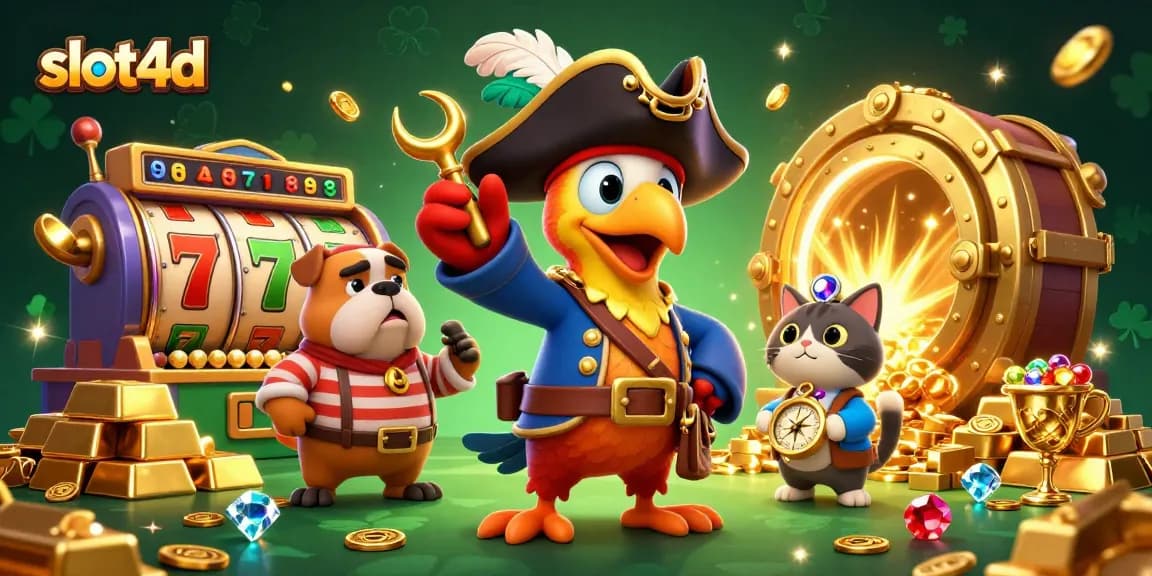 Spin the reels at slot4d with a vibrant casino scene featuring a pirate captain and treasure.