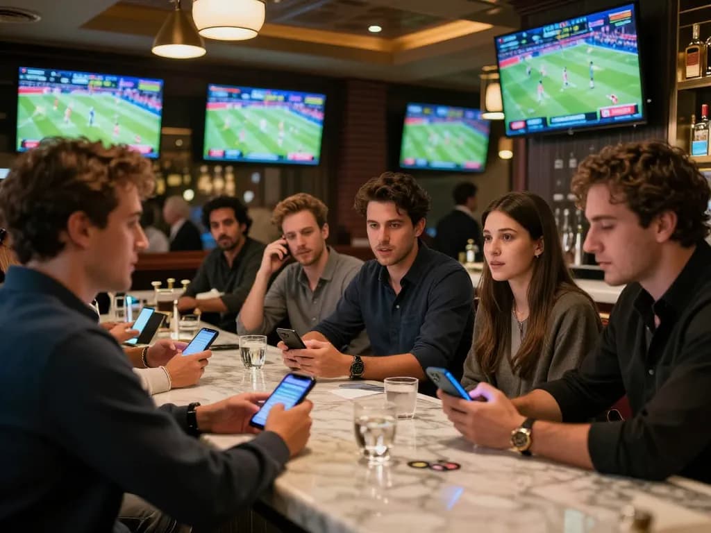 Engaged bettors at a May88 sports bar viewing live games and placing bets.