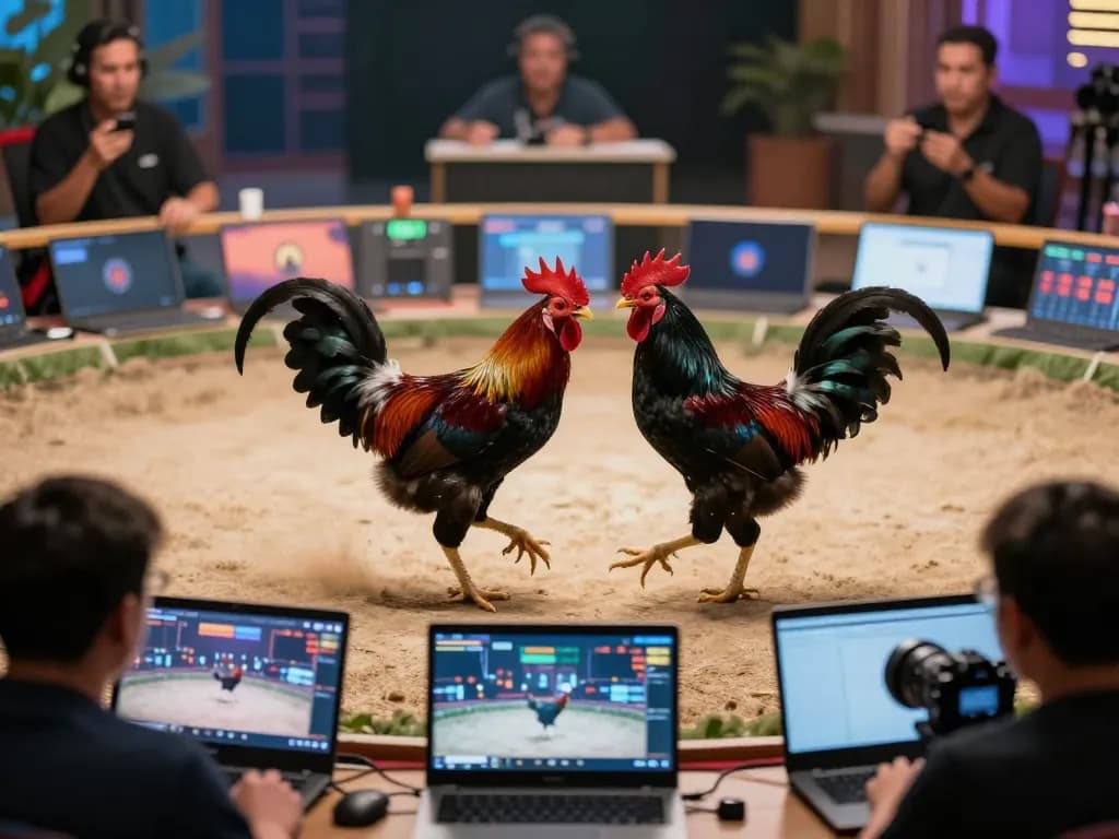 Watch thrilling đá gà 88 action live online with intense black roosters in virtual competition.