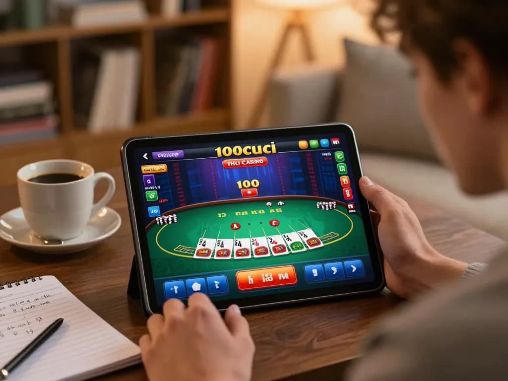Engaged player enjoying 100cuci blackjack on their tablet amidst a cozy home atmosphere.