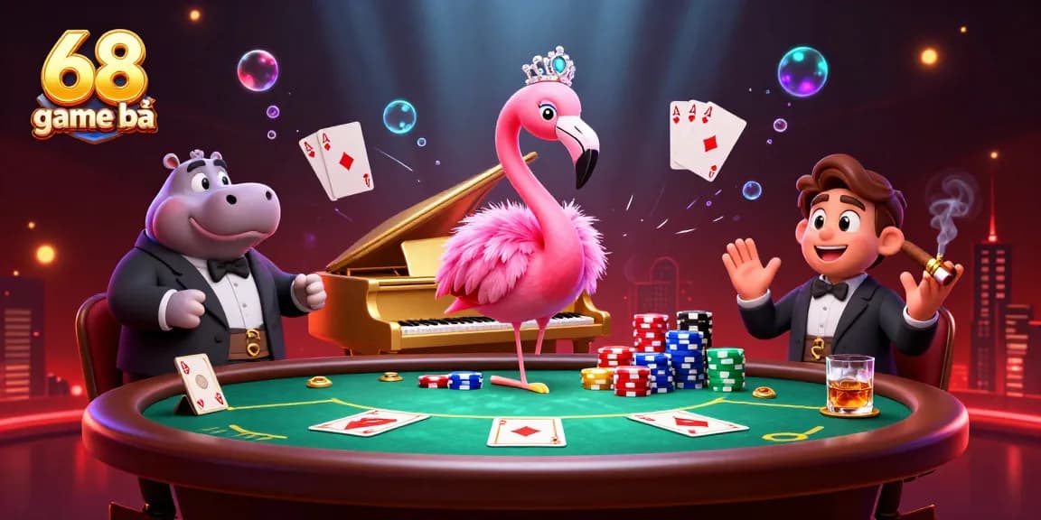Experience the excitement of 68 game bài with a vibrant casino scene featuring a singing flamingo and hippo bassist.