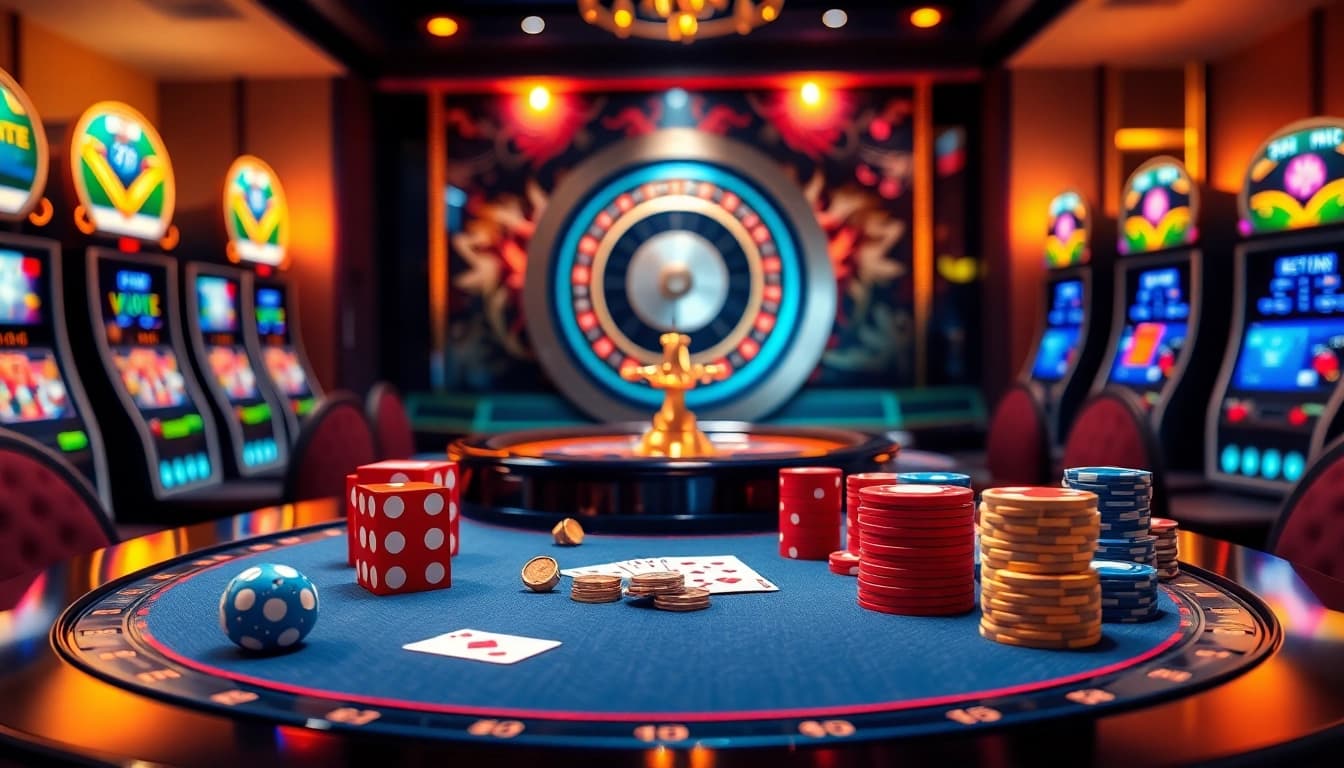 Tai Xiu MD5 gaming table with colorful dice and poker chips at https://taixiumd5.fan/