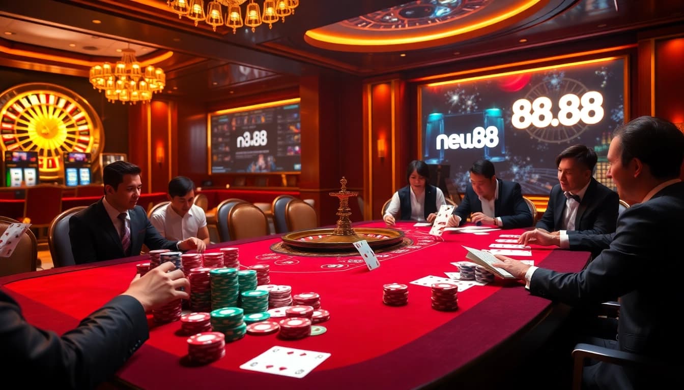 Experience the thrill of new88 with vibrant casino visuals featuring poker chips and roulette tables.