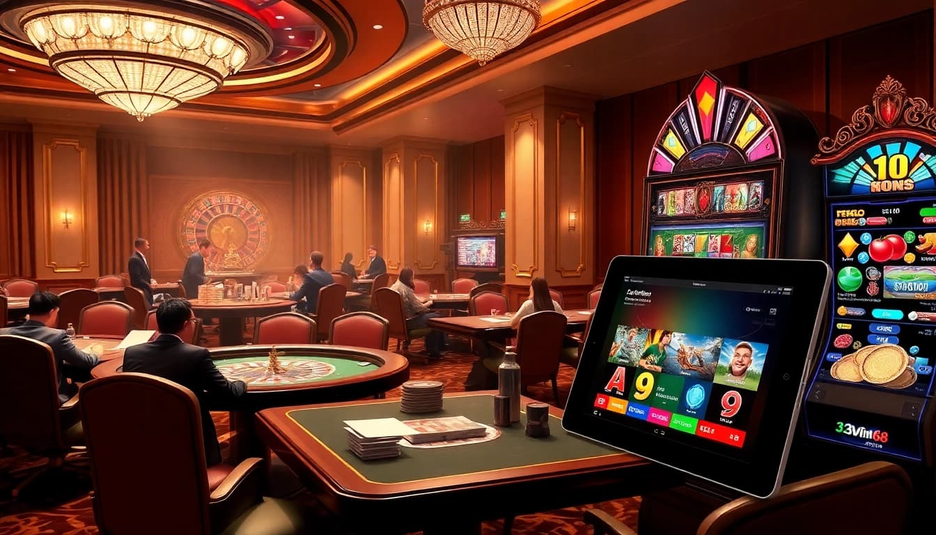 Players engaging in thrilling casino games at 33win68 with vibrant slot machines and dynamic tables.
