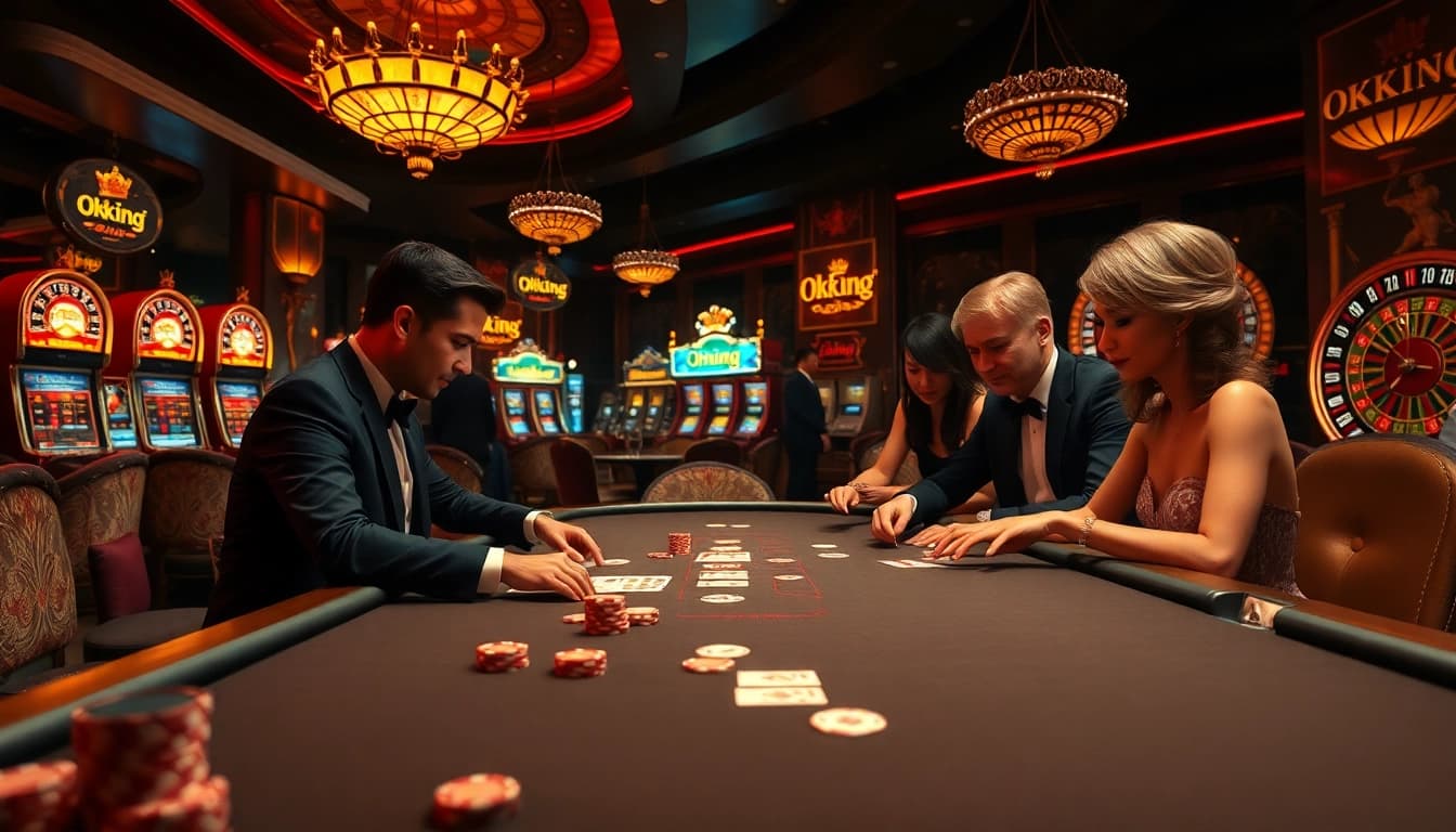 Okking luxury poker scene with players and vibrant slot machines in a glamorous casino.