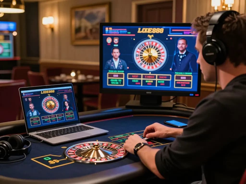 Engaging with LODE888 in a dynamic online roulette experience, showcasing strategy with a premium setup
