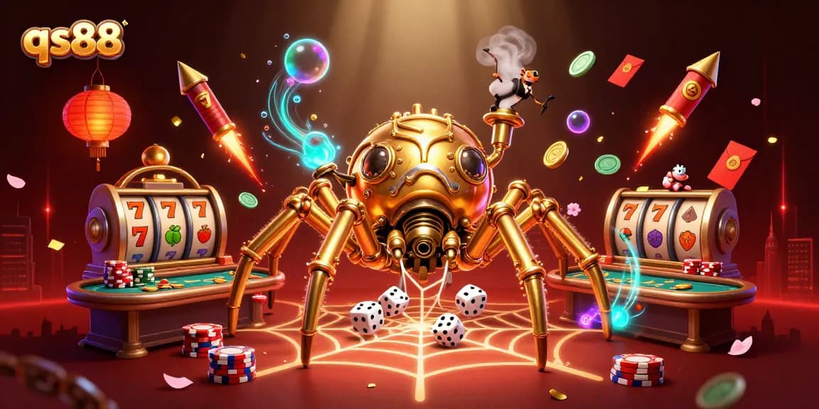Engage with qs88's thrilling casino action featuring a golden spider and lively poker tables.