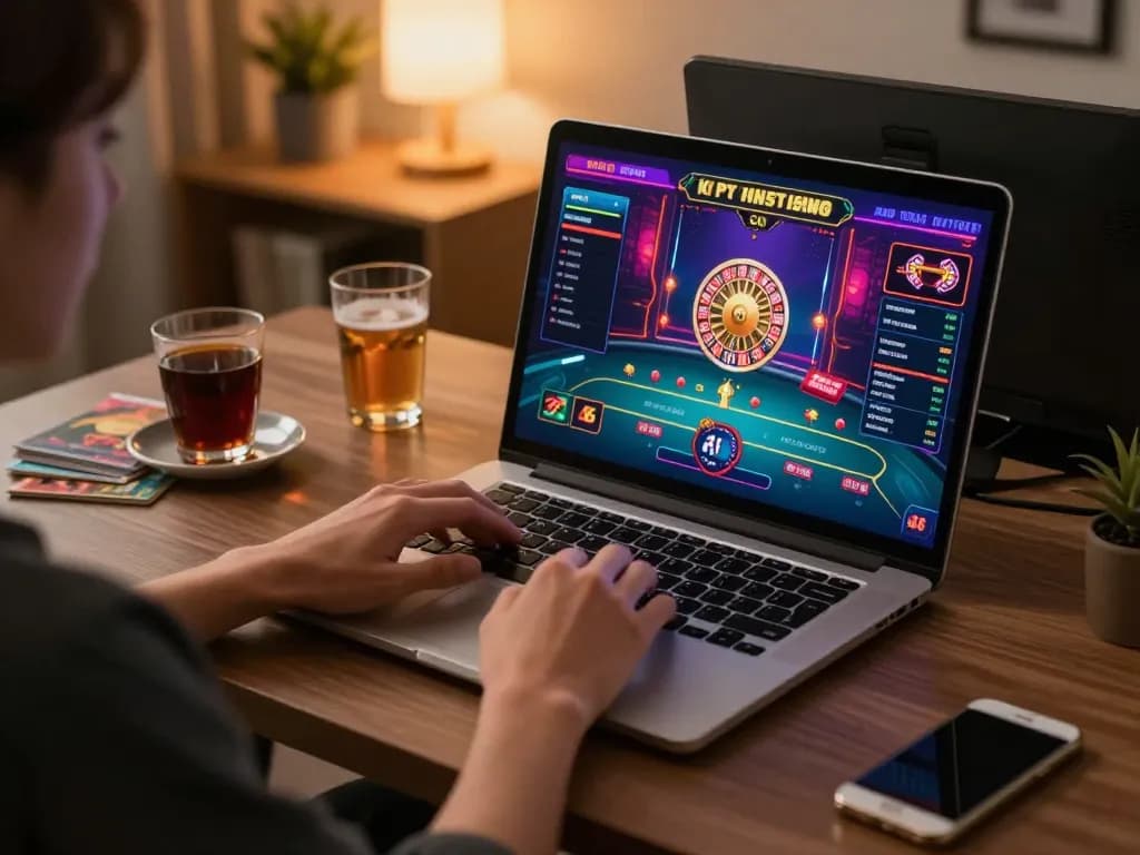 Engholmnds user engaging in strategic online gambling session at home with laptop and gaming interface.