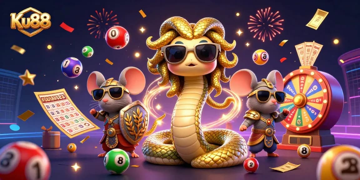 Play and win big at Ku88 with vibrant 3D illustration of a cute Medusa and dynamic lottery elements.