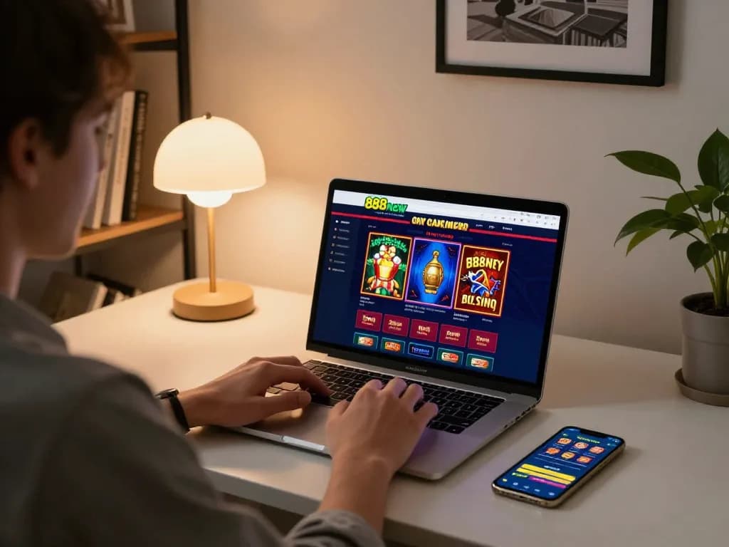 Engaging player immersed in online gaming on 888new, highlighting excitement and strategy in a home environment.