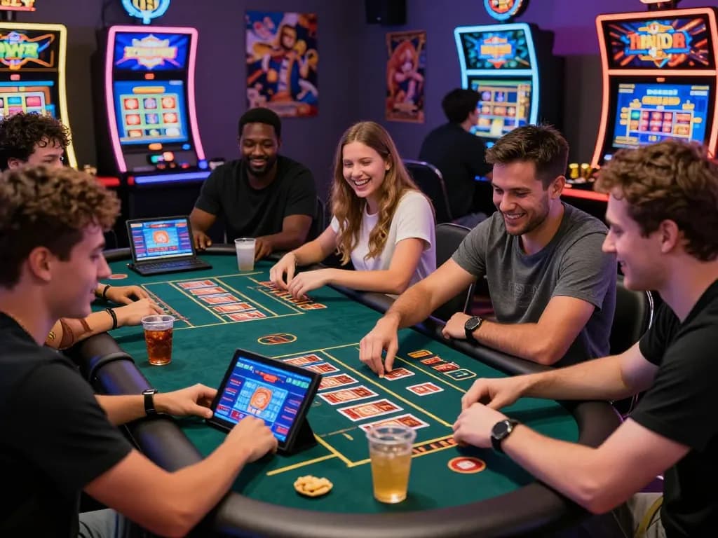 Online gaming excitement with friends at https://fabetz88.com/ featuring vibrant atmosphere and digital devices.